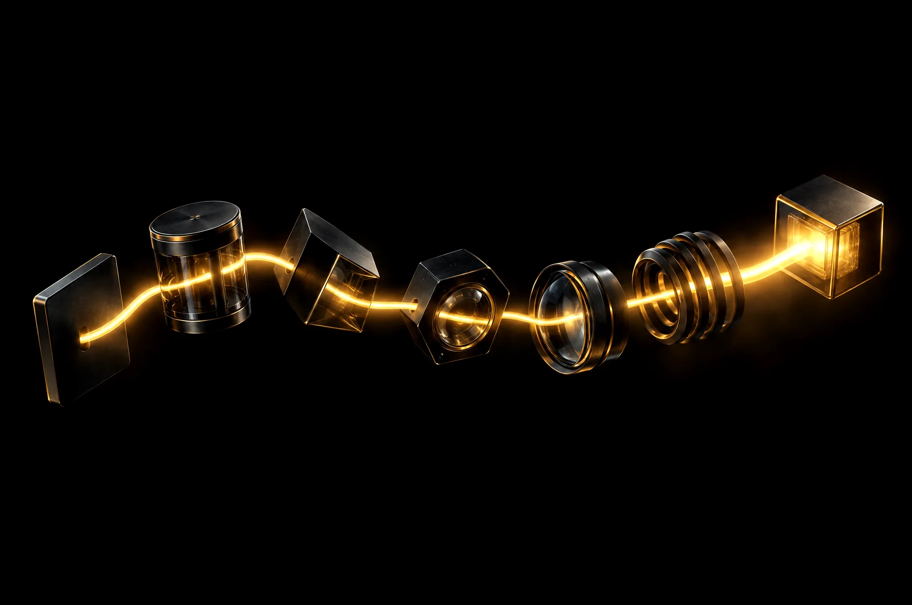Seven connected modules with a gold line flowing through them — the stages of a customer acquisition system