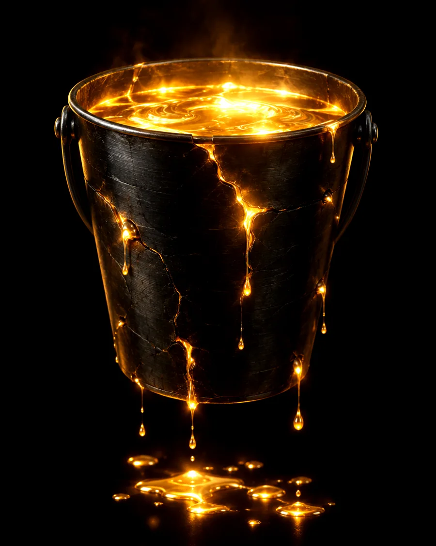 A black bucket full of gold light, leaking through cracks — revenue leaking from an untracked funnel